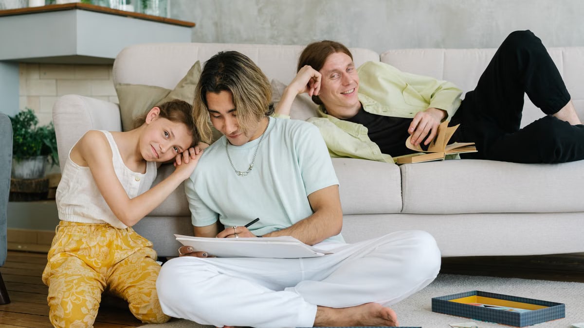 A family enjoying quality time in a comfortable living room setting.